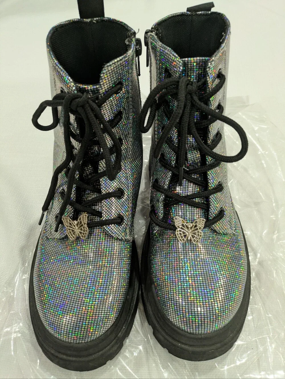 Holographic Silver Combat Boots Butterfly Charm, Child Size 3